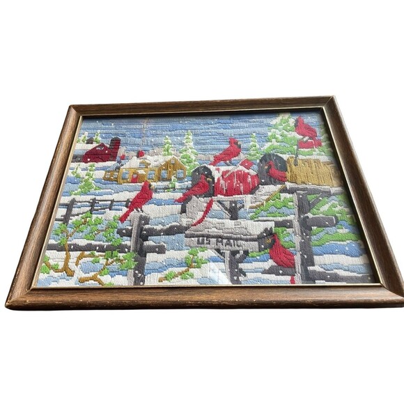 Framed Vtg Crewel Embroidery COUNTRY FARMHOUSE WINTER Red Cardinals Bird Mailbox - Picture 1 of 9